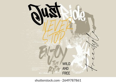 Basta montar slogan gráfico, slogan de bicicleta graffityTee, com ilustração de bicicleta tees arte, t camisa gráficos impressão vetor ilustração design, Tipografia urbana hipster rua arte para tees gráficos.eps8