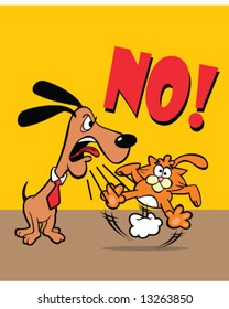 Just Say No - Vector Of Dog Wearing Collar And Tie Saying No To A Startled Orange Cat