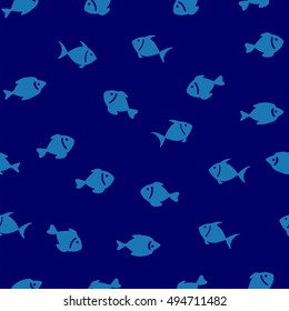 Just seamless pattern on the marine themed. Simple fishes on blue background. Vector illustration
