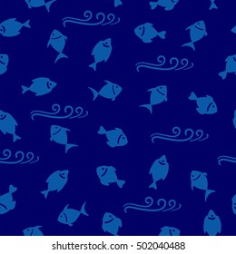 Just seamless pattern on the marine themed. Simple fishes on blue background with waves. Vector illustration