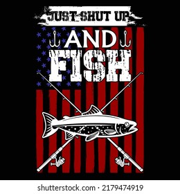 Just shut up and fish Fishing t shirt and mug design vector illustration