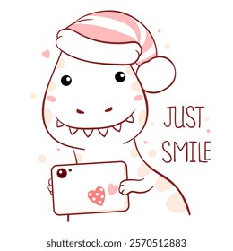 Just smile. Card with cute dinosaur taking photo with an mobile cell phone. Funny dino taking photos on phone for social networks. Can be used for t-shirt print, sticker, greeting card. Vector  EPS8