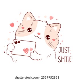 Just smile. Cute warm card with kitty taking photo with an mobile cell phone. Lovely cat taking photos on phone for social networks. Can be used for t-shirt print, sticker, greeting card. Vector  EPS8