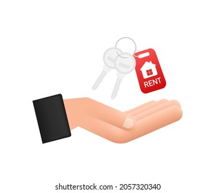 Just sold keys handing over hand on white background. Vector stock illustration.