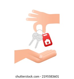 Just sold keys handing over hand on white background. Vector stock illustration.