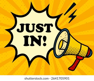 Just in speech bubble. Megaphone, lightning, speech burst, sound lines, pop art style, loudspeaker, public speaking, yellow background, expression, voice, alert, broadcast