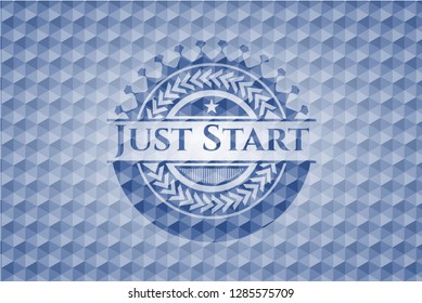 Just Start blue emblem with geometric pattern.