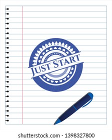 Just Start blue ink pen emblem. Vector Illustration. Detailed.