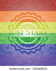 Just Start emblem on mosaic background with the colors of the LGBT flag