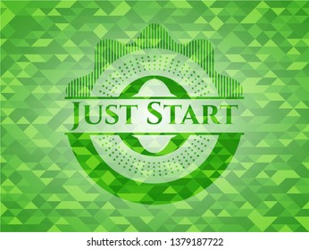 Just Start green emblem with mosaic background