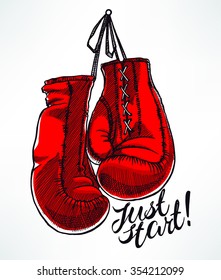 just start. red boxing gloves. hand-drawn illustration