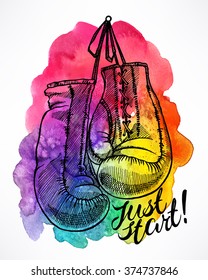 just start. red boxing gloves on a colorful watercolor background. hand-drawn illustration