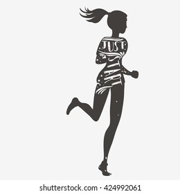 Just start. Running girl. Motivational and inspirational illustration. Lettering. Sport/Fitness typographic poster.
