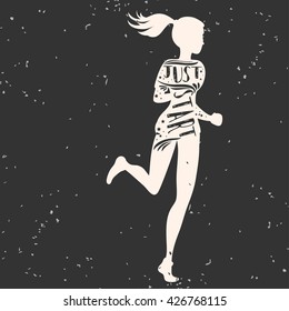 Just start. Running girl. Motivational and inspirational illustration. Lettering. Sport/Fitness typographic poster.