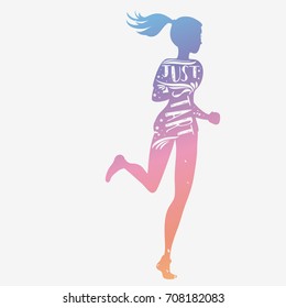 Just start. Running girl. Motivational and inspirational illustration. Lettering. Sport/Fitness typographic poster.