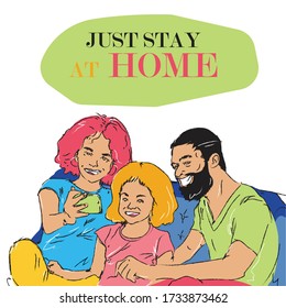 Just stay at home. the family have video call with their parent. Coronavirus pandemic self isolation, health care, protection.vector illustration icon sticker isolated on background (2)