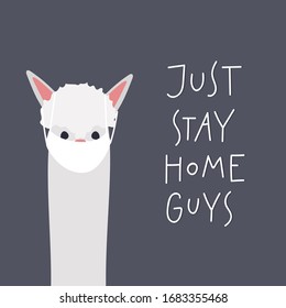 Just stay home guys Alpaca or llama wearing medical face mask keep social distance safe while Coronavirus epidemic pandemic quarantine isolation instruction. Simple flat character vector illustration.