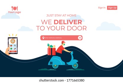 Just Stay At Home Online Food delivery services while quarantine.
Online Food delivery service vector illustration concept,order food via Web Browser,landing page,template,UI Design.