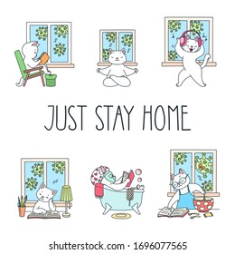 Just Stay Home. Virus prevention illustration. Doodle illustration of cute cats staying at home. Vector 8 EPS.