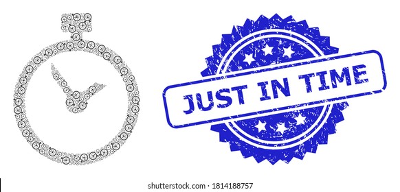 Just in Time grunge stamp and vector recursion collage time. Blue stamp seal contains Just in Time caption inside rosette. Vector collage is created of scattered rotated time icons.
