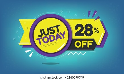 Just today, 28% discount just today, twenty-eight percent, promotion sales and marketing, discount tag and icon