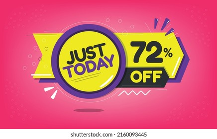 Justo hoy, 72% de descuento justo hoy, 72%, ventas de promoción y marketing, etiqueta de descuento e icono
