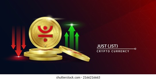 JUST token cryptocurrency banner. Future currency on blockchain stock market with red-green arrows up and down. Gold coins crypto currencies. Banner for news on a solid background. 3D Vector.