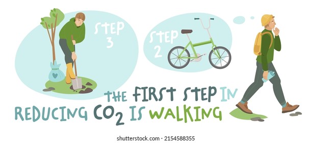 Just trying to reduce my carbon footprint. Young man walking. Everyday sport. Physical activity, saving earth, ecology concept. Vector illustration in trendy style isolated on a white background