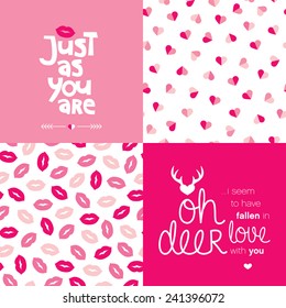 Just as you are love message typography cover design for valentine and seamless hearts and lips illustration background pattern in vector