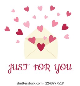 Just for you valentines postcard. Envelope with pink hearts. Flat style vector