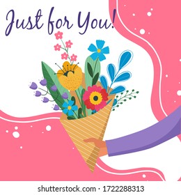 Nur für dich! Vektorgrafik für ein Cover, Poster oder Karte für den Urlaub. Zeichnung von Händen, die einen Blumenstrauß halten, ein Urlaubsgeschenk