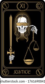 Justice. The 11th card of Major arcana black and gold tarot cards. Tarot deck. Vector hand drawn illustration with skulls, occult, mystical and esoteric symbols.