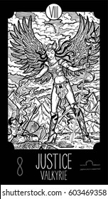 Justice. 8 Major Arcana Tarot Card. Valkyrie. Fantasy engraved line art illustration. Engraved vector drawing. See all collection in my portfolio set. 