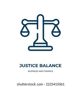 Justice balance icon. Linear vector illustration from business and finance collection. Outline justice balance icon vector. Thin line symbol for use on web and mobile apps, logo, print media.