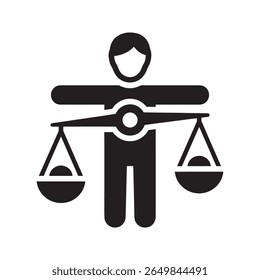 Justice and balance icon with a person holding scales representing law fairness ethics and making a balanced comparison for a fair decision vector solid glyph icon
