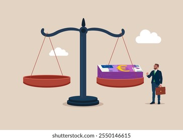 Justice. Balance scale with cash euro money. Flat vector illustration