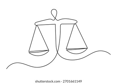 Desenho contínuo de uma linha em escala de equilíbrio de justiça e ilustração de vetor de contorno de estilo minimalista