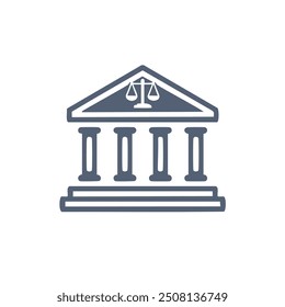 Justice building icon. Simple, modern design of a building with pillars and a scale of justice. Perfect for legal, law, and justice-related projects.