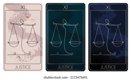 Justice. A card of Major arcana one line drawing tarot cards. Tarot deck. Vector linear hand drawn illustration with occult, mystical and esoteric symbols. 3 colors. Proposional to 2,75x4,75 in.