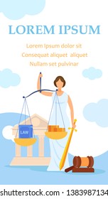 Justice College Profiles Brochure Flat Template. Greek Mythology Goddess, Judgement and Law Symbol. University, School Subject Web Banner. Female Character with Golden Scales and Sword