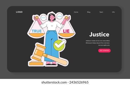 Justice concept. Figure balancing scales of truth and lies, representing fairness and honesty in judgment. Integrity in decision-making. Vector illustration.