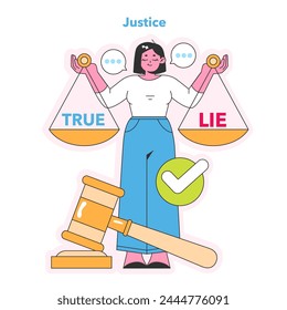 Justice concept. Figure balancing scales of truth and lies, representing fairness and honesty in judgment. Integrity in decision-making. Vector illustration.