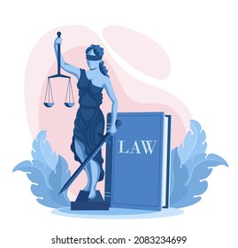 Justice concept of law of fairness and order. Services of a lawyer attorney and defense in court. Statue of the goddess of justice and the book of the law. Flat vector isolated on white background.