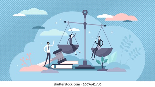 Justice concept, tiny persons vector illustration. Weights and lawyer hammer symbol. Equality and freedom measurement with persons sitting on scales. Social protection and punishment system balance.