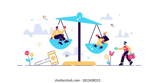 Justice concept, tiny persons vector illustration. Weights and lawyer hammer symbol. Equality and freedom measurement with persons sitting on scales. Social protection and punishment system balance.