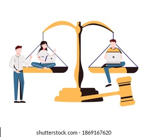 Justice concept, tiny persons vector illustration. Weights and lawyer hammer symbol. Equality and freedom measurement with persons sitting on scales. Social protection and punishment system balance.