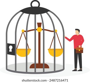 Justice control. man locks the scales in the birdcage. business concept

