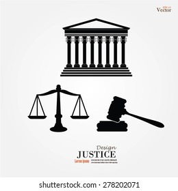 Justice court building image with scales of justice and gavel.vector illustration.