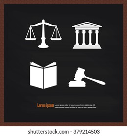 Justice court building image with scales of justice and gavel on chalkboard.vector illustration.