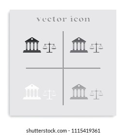 Justice court building with scales of justice flat black and white vector icon.
